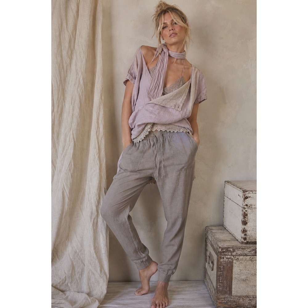 Linen Jogger Pants Womens L Brown Granola Girl Resort Wear Lagenlook Pull On